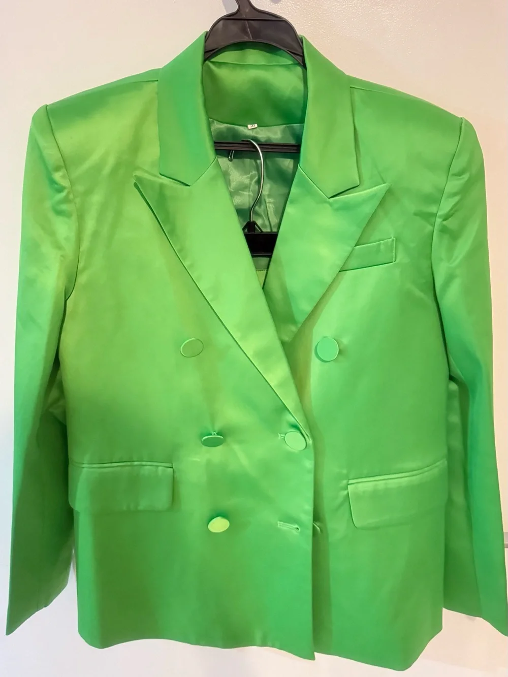 Vibrant Lime Green Satin Blazer & Mini Skirt Set